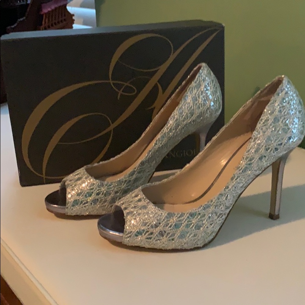 Enzo Angiolini Silver Lace Peep Toe Heels